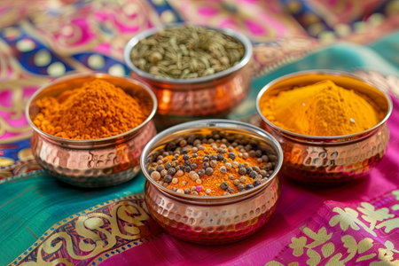 A close-up view of traditional Indian spices, including turmeric, cumin, coriander, and garam masala, arranged in copper bowls against a vibrant fabric backdrop.の素材