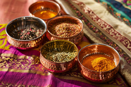 A close-up shot of traditional Indian spices in copper bowls, arranged on a colorful fabric backdrop.の素材
