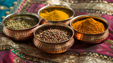 A close-up view of traditional Indian spices in copper bowls, arranged on a colorful fabric background.の素材