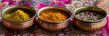 A close-up view of traditional Indian spices in copper bowls, showcasing turmeric, cumin, coriander, and garam masala, arranged on a colorful fabric backdrop.の素材