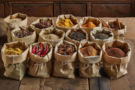 A rustic wooden table with an array of various spices in paper bags, including turmeric, paprika, and cinnamon.の素材