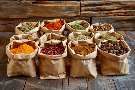 A collection of various dry spices, such as turmeric, paprika, and cinnamon, are arranged in open paper bags on a rustic wooden surface.の素材