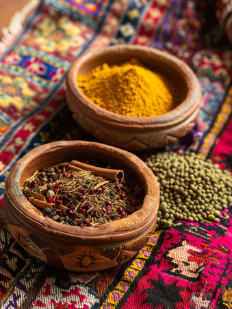 Clay bowls filled with saffron, ras el hanout, and cinnamon spices are arranged on a vibrantly colored Moroccan tapestry.の素材