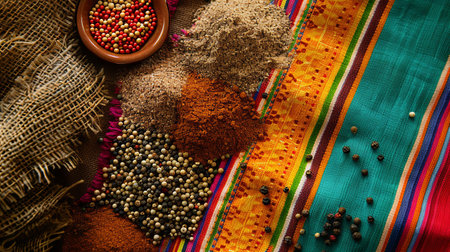 A vibrant, colorful display of traditional Mexican spices such as chili powder, cumin, and coriander seeds arranged on a woven fabric background.の素材