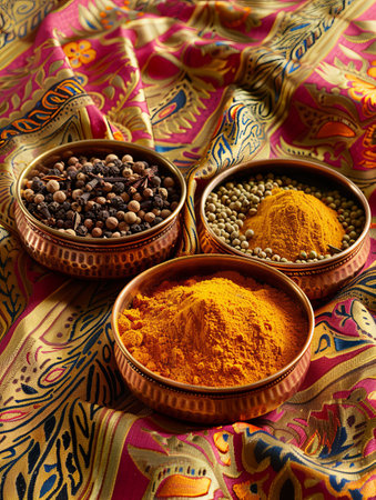 A close-up image of traditional Indian spices in copper bowls on a colorful fabric background. The spices include turmeric, cumin, coriander, and garam masala.の素材