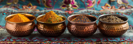 Four copper bowls filled with various Indian spices, including turmeric, cumin, coriander, and garam masala, rest on a vibrant, patterned fabric.の素材