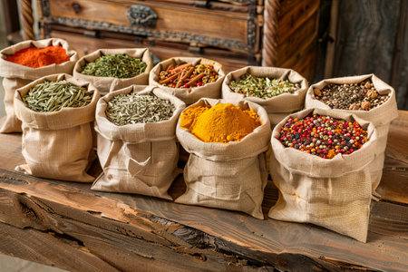 A close-up of various dried spices, like turmeric, paprika, and cinnamon, arranged in open burlap bags on a rustic wooden countertop.の素材