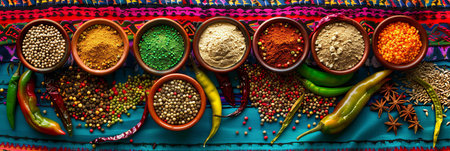 A collection of traditional Mexican spices, including chili powder, cumin, and coriander seeds, are arranged in small bowls on a colorful fabric background.の素材