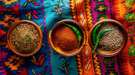 A trio of wooden bowls filled with chili powder, coriander seeds, and cumin, arranged on a vibrantly patterned fabric.の素材