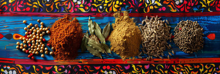 A close-up shot of traditional Mexican spices arranged on a colorful fabric background, featuring chili powder, cumin, coriander seeds, and bay leaves.の素材