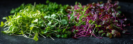 A close-up shot of a variety of colorful microgreens, including arugula, mustard, and cilantro, arranged on a sleek black surface. The bright, high-contrast colors emphasize the freshness of these young sprouts.の素材
