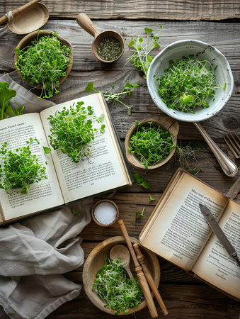A collection of recipe books and printed recipes featuring microgreens spread across a rustic wooden table, ready for culinary inspiration.の素材