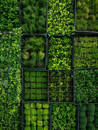 A top-down view of a microgreen farm with rows of trays filled with various types of microgreens, showing the different stages of growth and the diversity of the microgreens.の素材