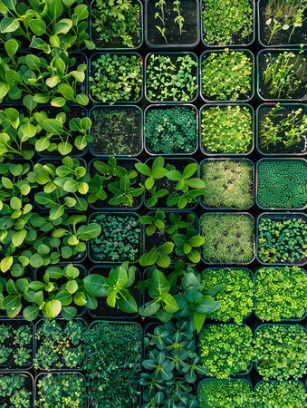 An overhead view of a microgreen farm showcasing rows of trays filled with various types of microgreens, each in different stages of growth.の素材