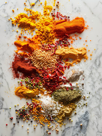 A close-up view of various spices scattered on a white marble surface.の素材