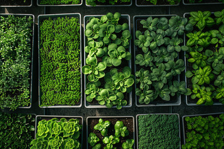 An overhead view of a microgreen farm with rows of trays filled with various types of microgreens.の素材