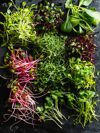 An array of colorful microgreens, including arugula, mustard, and cilantro, are spread out on a sleek black surface.の素材