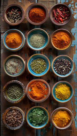 An overhead shot of a variety of colorful spices arranged in beautiful ceramic bowls on a weathered wooden surface.の素材
