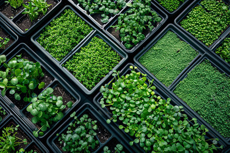 A close-up, top-down view of a microgreen farm with trays filled with various types of microgreens.の素材