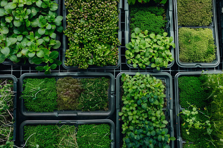 A top-down view of a microgreen farm with rows of trays filled with various types of microgreens, including leafy greens, herbs, and sprouts.の素材