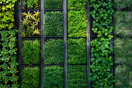 A top-down view of a microgreen farm with rows of trays filled with different types of microgreens.の素材