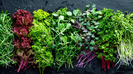 An assortment of colorful microgreens, including arugula, mustard, and cilantro, are displayed on a black surface.の素材