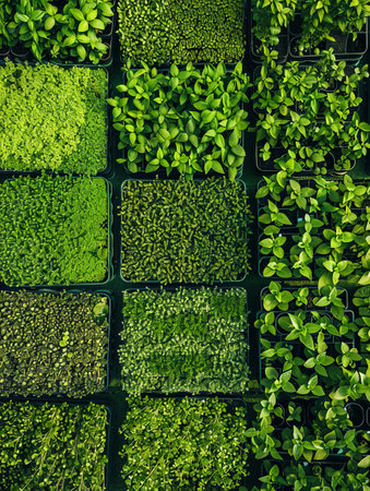 A top-down view of a microgreen farm with multiple rows of trays filled with various types of microgreens.の素材