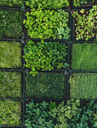 An overhead view of a microgreen farm, showing a variety of microgreens in different stages of growth in black trays.の素材