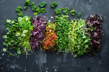A variety of microgreens are spread out on a dark surface, showing vibrant colors and textures. The greens include arugula, mustard, and cilantro, offering a fresh and healthy visual.の素材