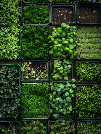 A top-down view of a microgreen farm with trays of various types of microgreens, showing the vibrant green hues and dense growth of these fresh, nutrient-packed sprouts.の素材