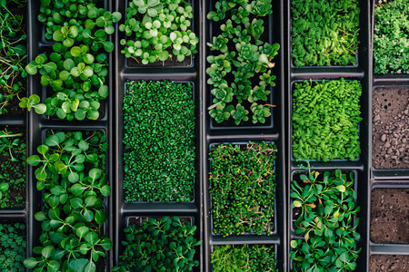 A top-down view of a microgreen farm featuring rows of black trays filled with various types of microgreens.の素材
