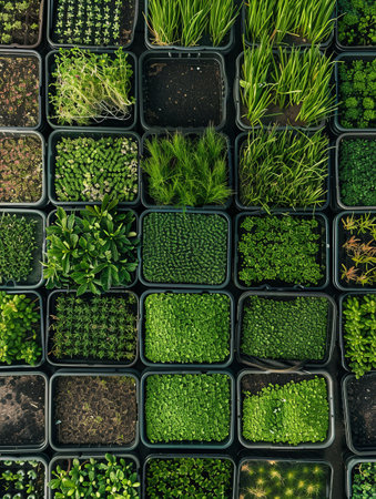 A top-down view showcasing a microgreen farm with rows of trays filled with various types of microgreens.の素材