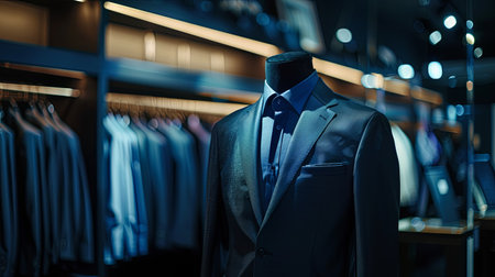 A dark navy blue mens suit displayed on a mannequin in a clothing store.の素材