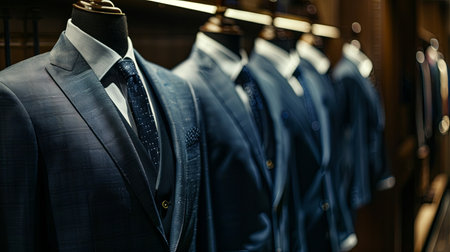 Dark navy blue suits and ties neatly hung on a rack in a tailoring room.の素材