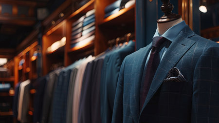 A dark navy blue mens suit and tie displayed on a mannequin in a tailoring room of an upscale mens clothing store.の素材
