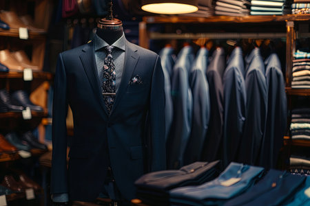 Navy blue suit and tie showcased on mannequin in store. Luxury menswear for office attire.の素材