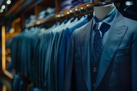 Dark navy blue mens suit and tie elegantly displayed on a mannequin in a tailoring room for a luxury clothing store.の素材