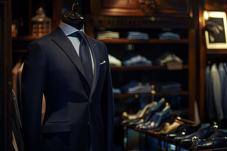 Dark navy blue mens suits and ties elegantly displayed on mannequins in a upscale tailoring room of a menswear store.の素材