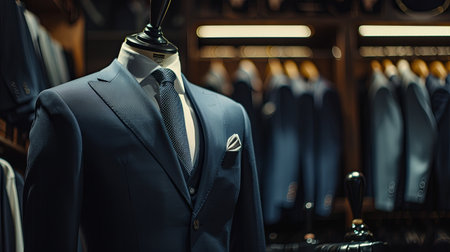 A dark navy blue suit and tie displayed on a mannequin in a tailoring room.の素材