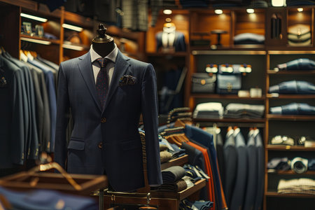 Dark navy blue mens suit and tie displayed on mannequin in a tailoring room, luxury banner for an expensive mens clothing store.の素材