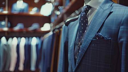 A dark navy blue suit and matching tie elegantly displayed on a mannequin in a tailoring room.の素材
