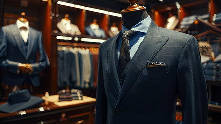 Dark navy blue mens suit and tie displayed on a mannequin in a store.の素材