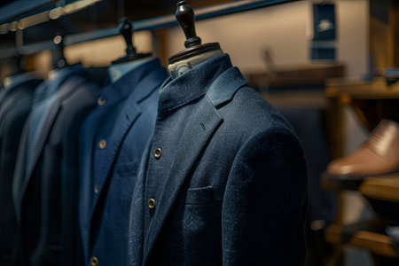 A dark navy blue suit hangs on a rack in a clothing store, ready to be tried on by customers.の素材