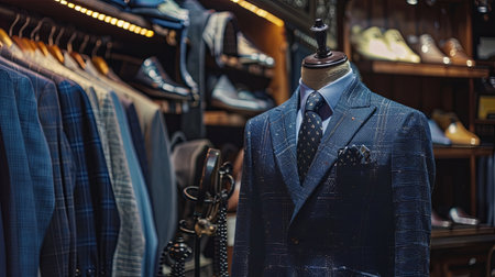 Dark navy blue suit with tie displayed on a mannequin in a store.の素材