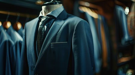 A dark navy blue suit with a matching tie displayed on a mannequin in a tailoring room. Luxury menswear for an upscale clothing store.の素材