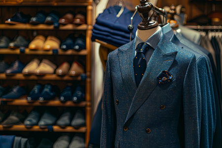 Dark navy blue mens suit and tie displayed on a mannequin in a tailoring room.の素材