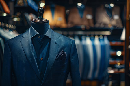 Dark navy blue suit and tie displayed on a mannequin in a tailoring room of a menswear store.の素材