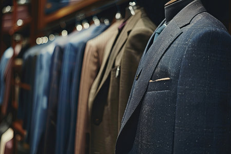 Dark navy blue mens suits and shirts hanging on a rack in a tailoring room, showcasing luxury menswear options.の素材