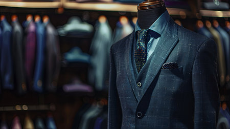 A dark navy blue suit and tie displayed on a mannequin in a stores tailoring room.の素材