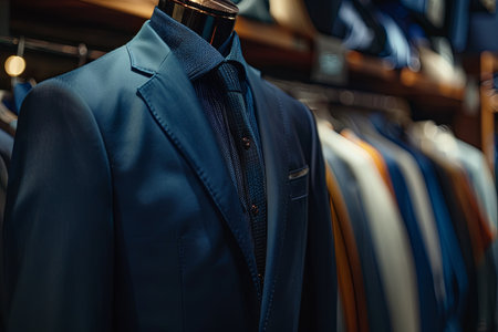 A dark navy blue suit and tie showcased on a mannequin in a tailoring room of an upscale mens clothing store.の素材